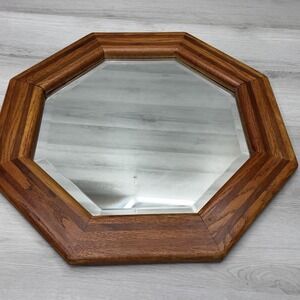 MCM Octagonal Beveled Mirror Solid Oak Wood Frame Mid Century Modern